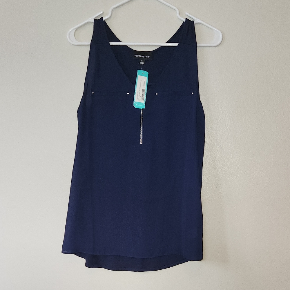 Fortune + Ivy Mixed Material Navy V-Neck Tank with Zipper Size M